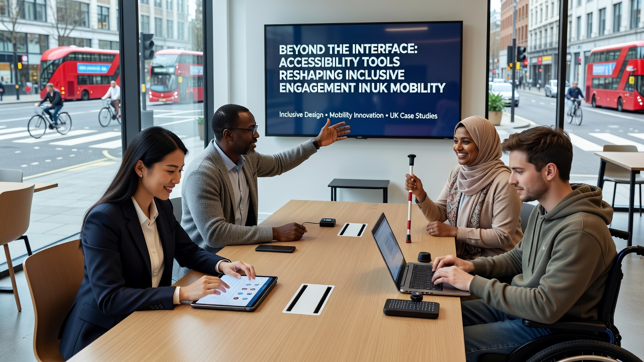 Diverse group of users engaging with accessible mobile casino features on tablets and smartphones in a modern UK setting