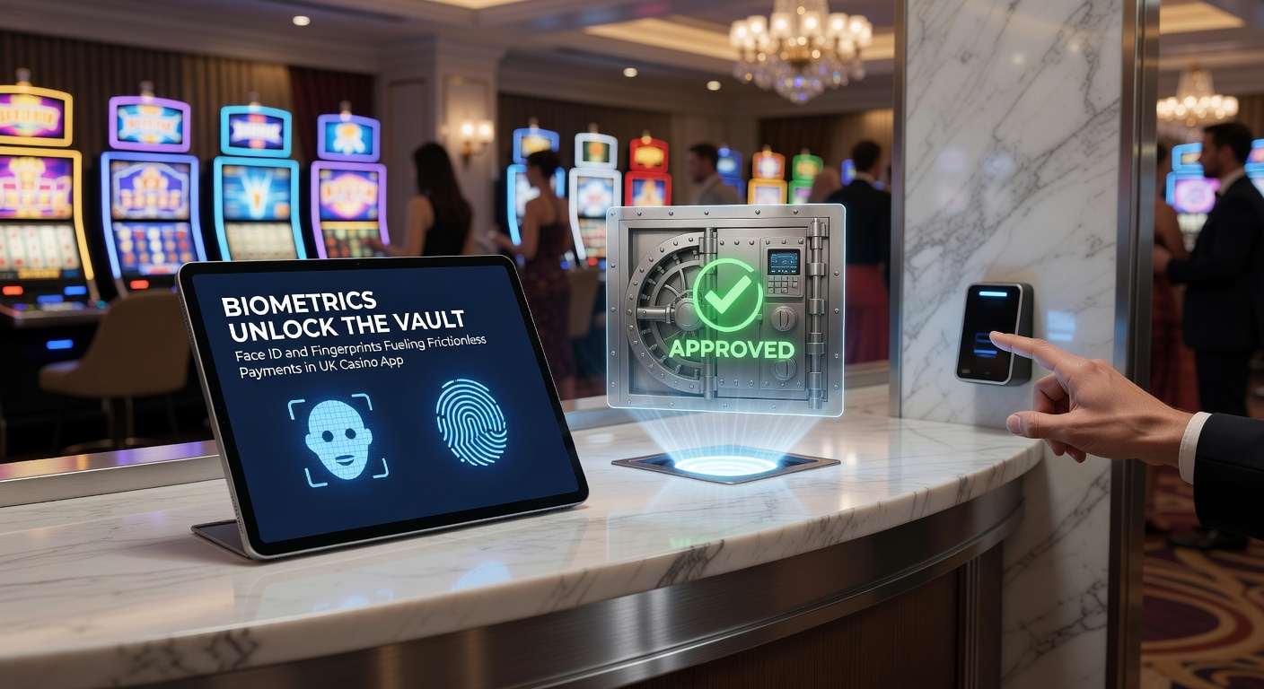 Close-up of fingerprint scanner on a mobile device approving a casino deposit, surrounded by slot machine icons and secure lock symbols