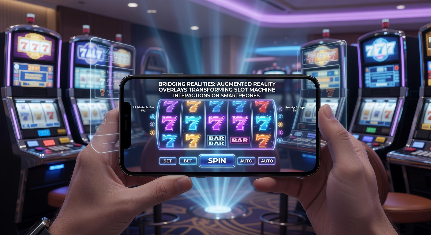 Close-up of augmented reality slot reels projected onto a wooden table surface via smartphone camera