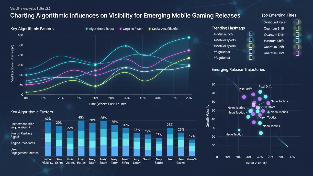 Algorithm flowchart showing visibility ranking factors for new mobile games in app stores