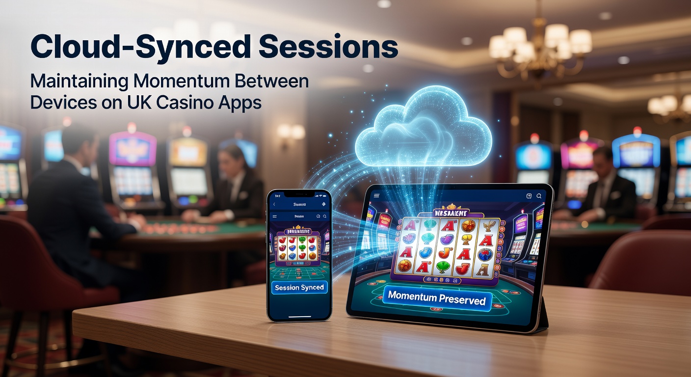 Illustration of cloud servers linking a phone, tablet, and laptop in a casino app ecosystem, showing game data flowing between screens