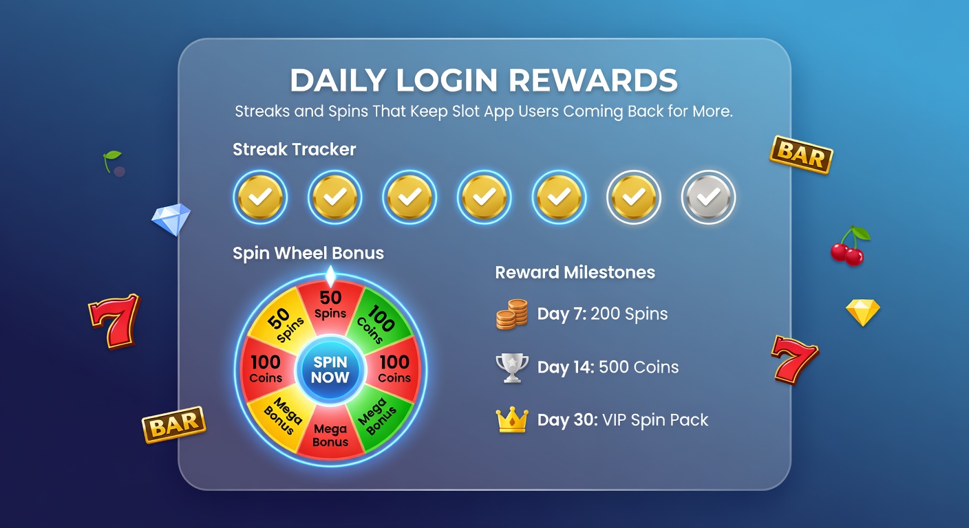 Mobile phone displaying slot app daily reward popup with streak progress bar, free spins icon, and bonus multiplier glowing brightly