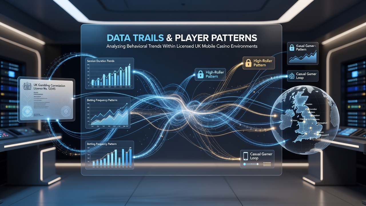 Infographic illustrating behavioral trend analysis including deposit cycles, game transitions, and session length distributions in UK mobile casinos