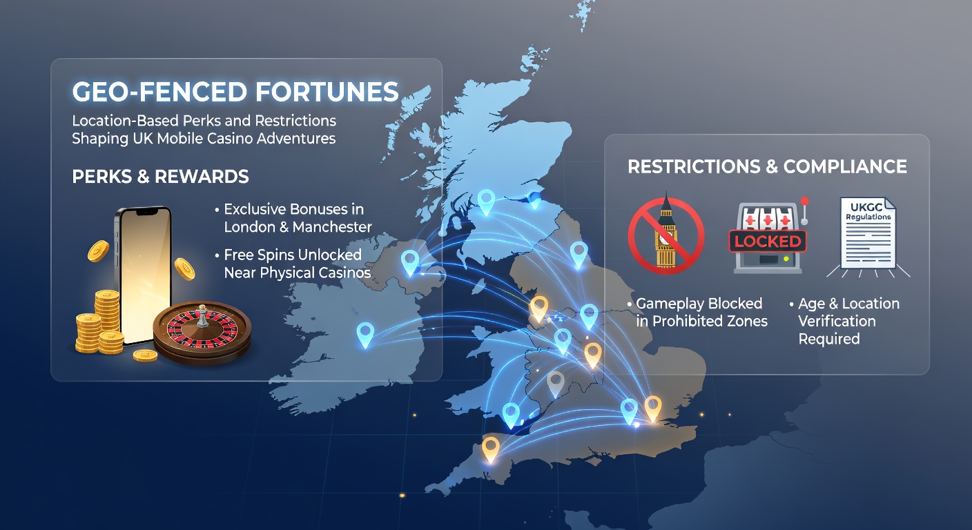 Map of UK highlighting geo-fenced zones around casinos and cities with perk icons like bonus coins and restricted areas marked in red