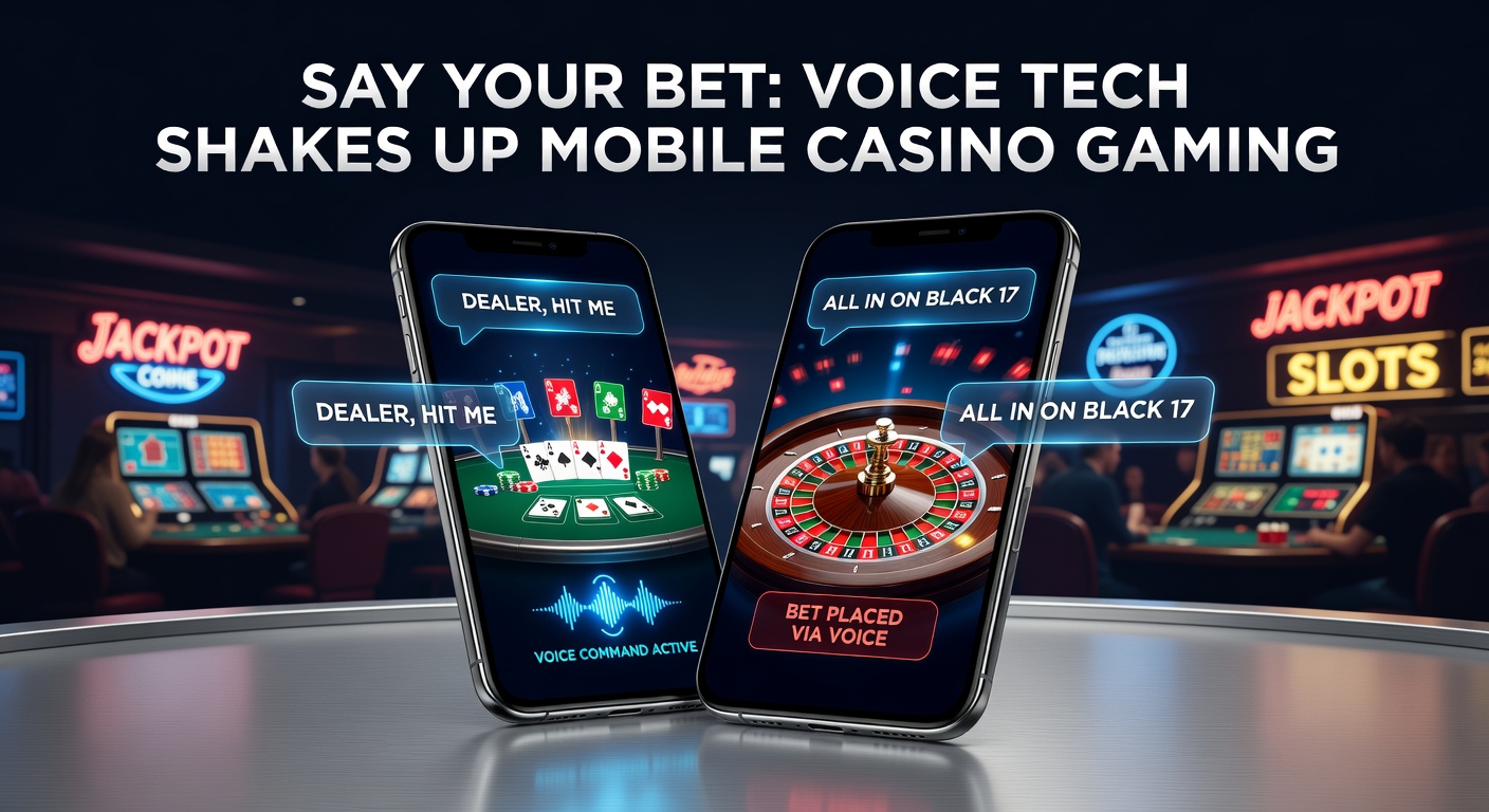 Close-up of a user speaking into a phone during a voice-activated slot game, with animated sound waves and jackpot symbols reacting in real-time
