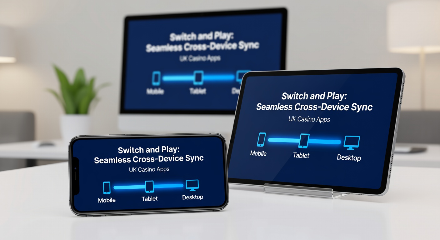 Player switching from mobile casino app to desktop browser, with game balance and progress syncing instantly via cloud network.