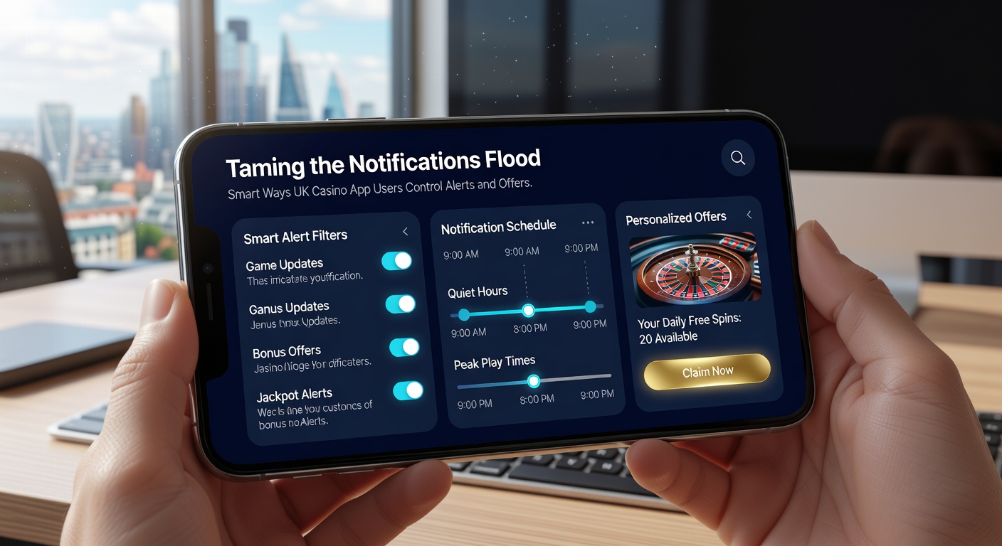 Illustration of a user adjusting notification preferences on a casino app dashboard, highlighting toggles for bonuses, jackpots, and time-based scheduling